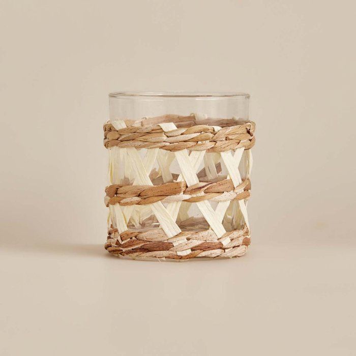 Bougeoir - Flora - 7x7x8 cm - Verre - Rotin - Blanc