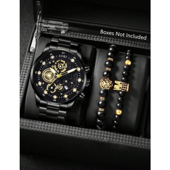 3 pièces montre/bracelets homme calendrier quartz