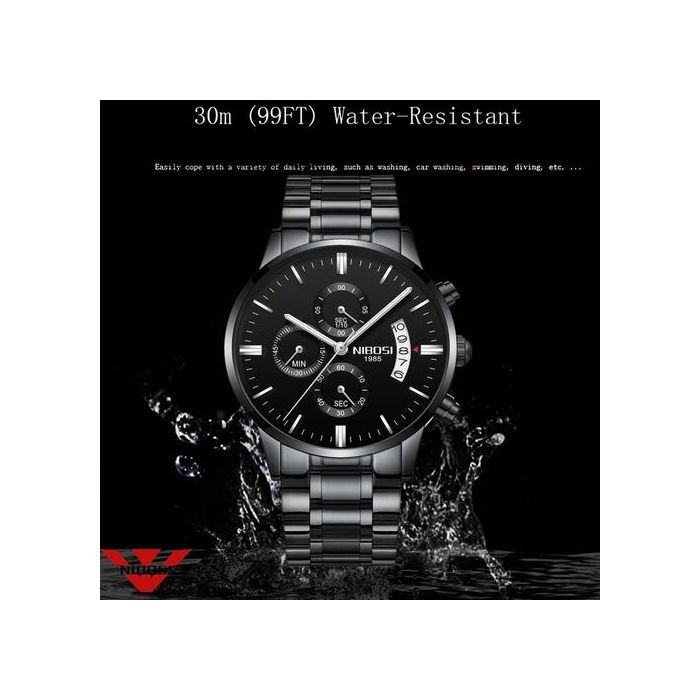 Montre - NIBOSI - Chronographe Quartz - Acier inoxydable - Résistant aux chocs - Noir