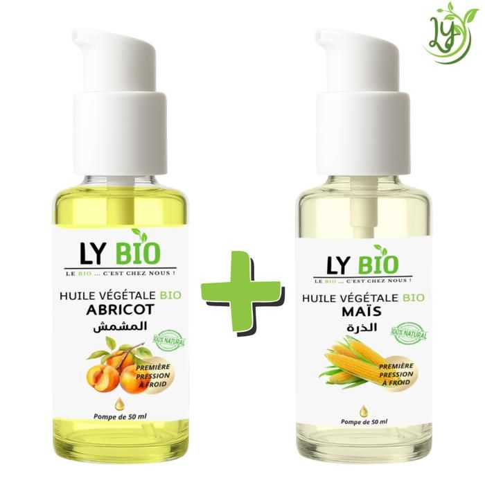 Pack d'huiles - LYBIO - Huile Abricot 50ml - Pompe - Huile Mais 50ml - Pompe - Hydratant
