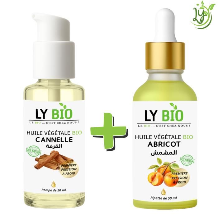 Pack d'huiles - LYBIO - Huile Cannelle 50ml - Pompe - Huile Abricot 50ml - Pipette