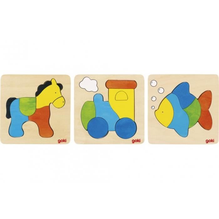 Puzzle en bois Goki - Set de 3 puzzles multicolores de 15 cm - Pour enfants de 2 ans et plus