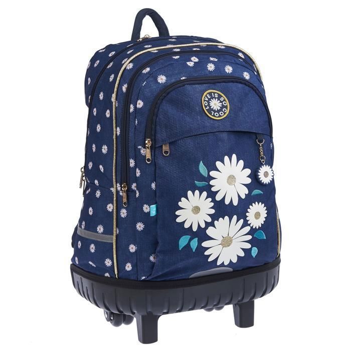 Sac à Dos Trolley - AUCHAN - Daisy - 54cm - 2 Compartiments - Bleu - Fleuri