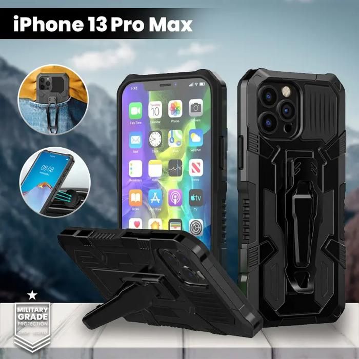 Coque iPhone 13 Pro Max Métal Blindée Magnétique , Béquille Clip Ceinture couleur Noir
