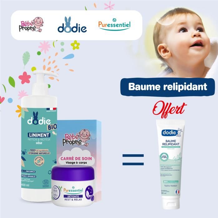 Liniment + baume de massage détente bébé puress + bébé propre coton = baume relipidant dodie offert