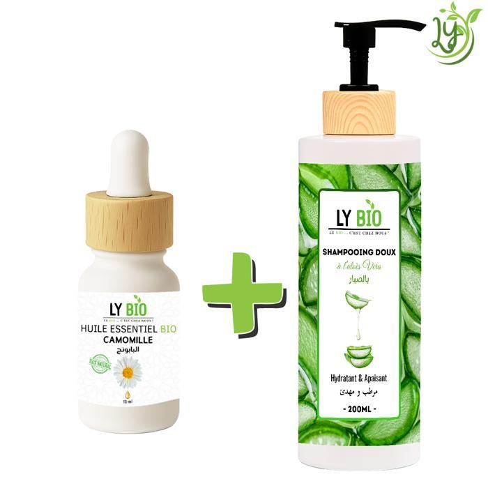 Pack - LYBIO - Huile Essentielle Camomille 10ml - Shampooing Aloe Vera 200ml - Hydratant - Apaisant