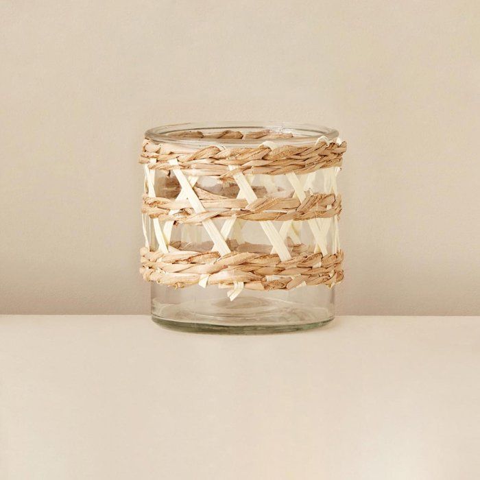 Bougeoir - Marin - Flora - Verre et rotin - 11x12 cm - Blanc et naturel