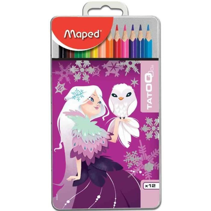 Etui Métal de 12 Crayons de couleur Triangulaire TATTOO Motif Aléatoire