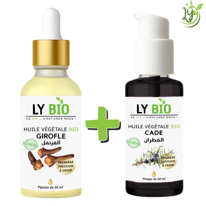 Pack de soins naturels - LYBIO - HUILE GIROFLE 50ML - PIPETTE - HUILE CADE 50ML - POMPE