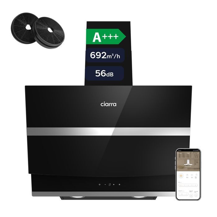 CIARRA Skrå Emhætte 60 cm A+++ 692 m³/h, Wi-Fi & Touch, 4 Hastigheder, Booster, Kulfiltre inkluderet, Sort CBCB6736N