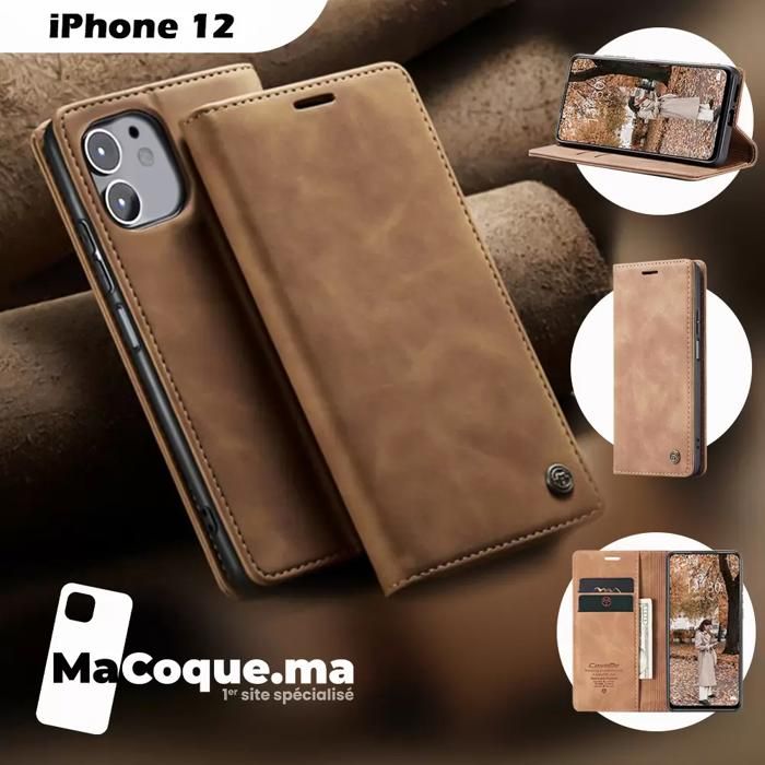 Pochette iPhone 12 Normal Coque &amp; Portefeuille en Cuir Marron