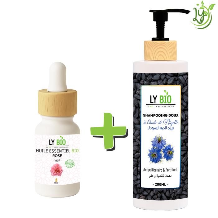 LYBIO PACK HUILE ESSENTIEL ROSE 10ML + SHAMPOOING A L'HUILE DE NIGELLE 200ML - ANTIPELLICULAIRE & FORTIFIANT