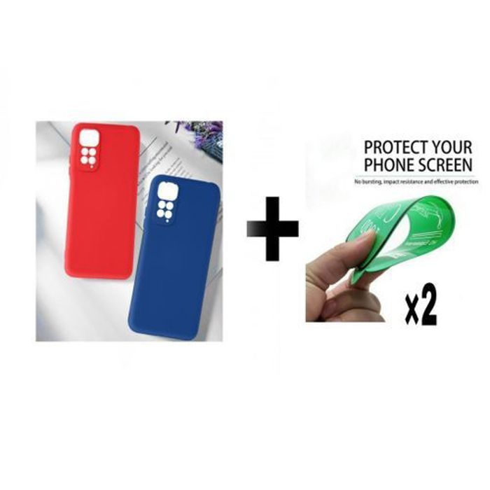 Case Pack : 2 Pochette Xiaomi Poco M4 Pro 4G Silicone Rouge Et Bleu + 2 Protection Incassable