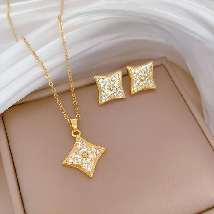Ensemble de Bijoux - EGO020 - Collier et Boucles d'oreilles - Dorée - Acier - Cristal