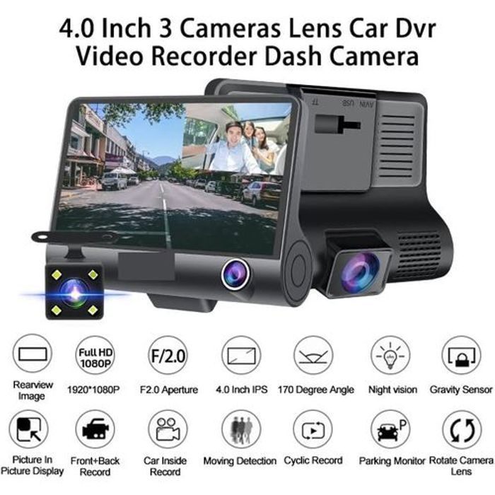 Caméra de tableau de bord à trois objectifs de 4.0 pouces, DVR pour voiture