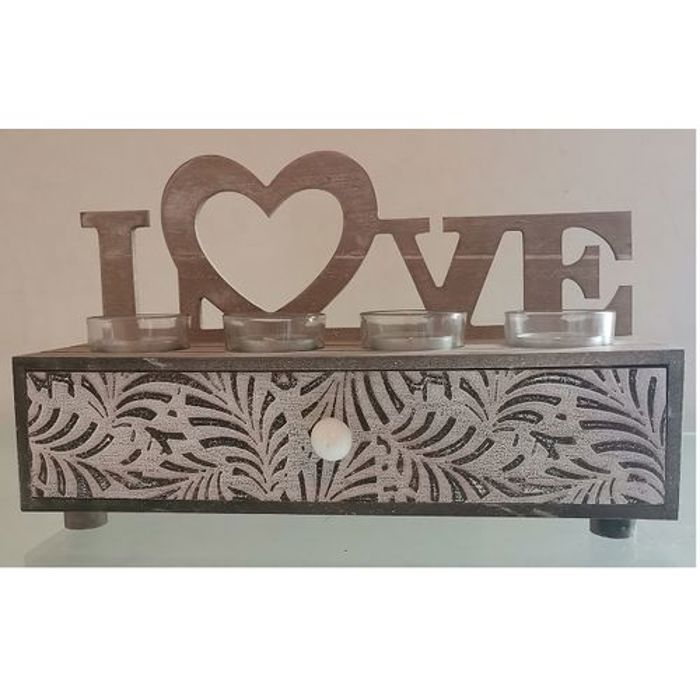 Bougeoir - LOVE - 4 Verres - Bois Rustique - Design Côtier - Durable