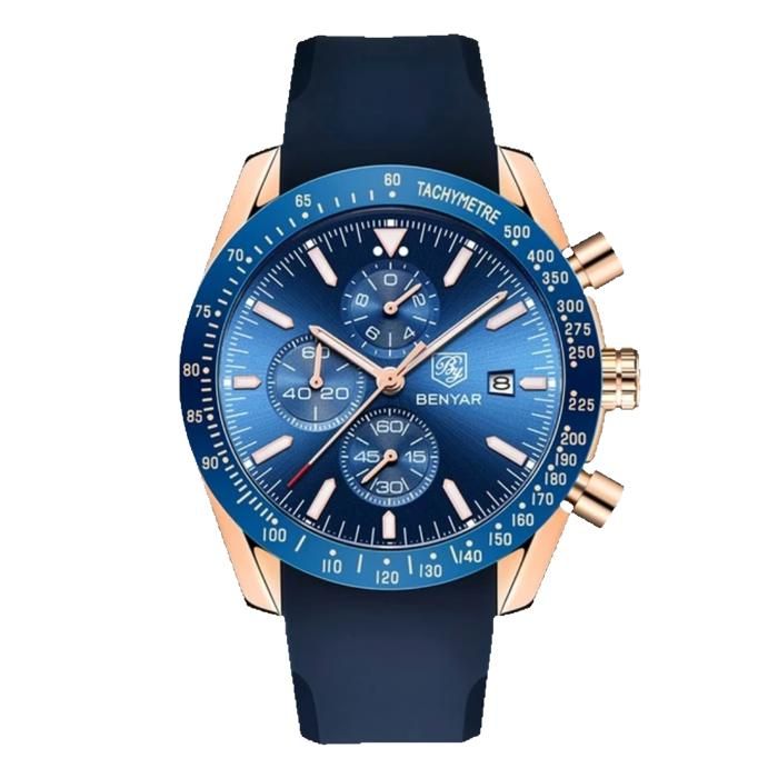BENYAR BY-5140G Montre Homme Chronographe Étanche avec bracelet en Silicone – Bleu & Doré