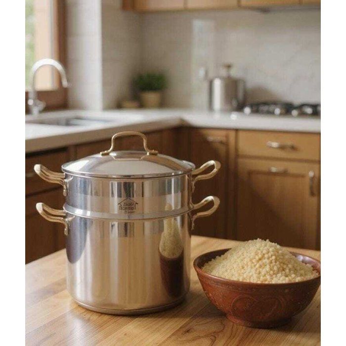 Couscoussier inoxydable avec poignées bronze inoxidable – Grande capacité, design italien pour cuisson vapeur et couscous 6 L