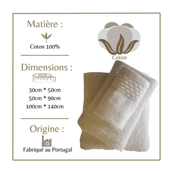 Ensemble de Serviettes - HOTEL - Portugal - 100% Coton - Beige - 3 Tailles