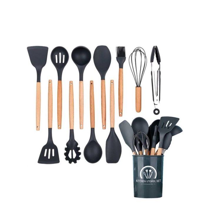 Set de 11 Ustensile de cuisine en Silicone + Support, Spatules antiadhésives