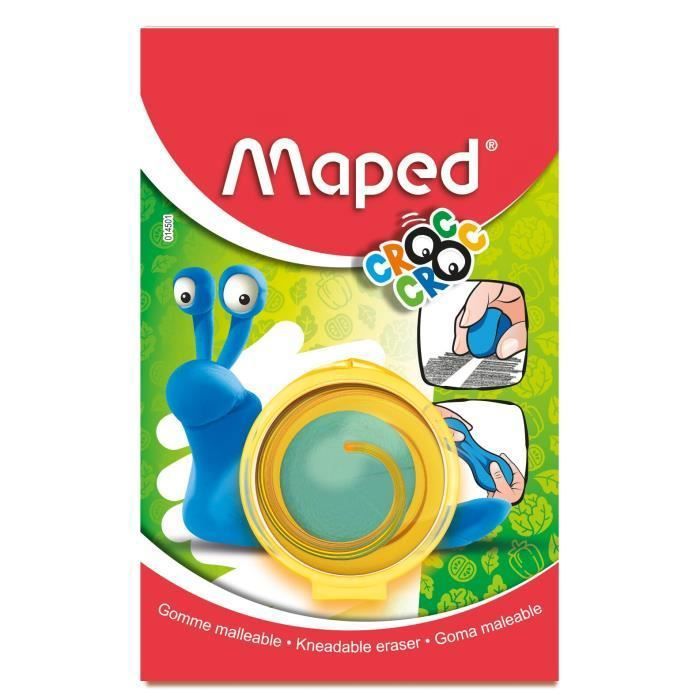 Maped - Gomme Bleue CROC CROC Malléable - Fort Pouvoir d'Effaçage - Boite de protection en Forme d'Escargot