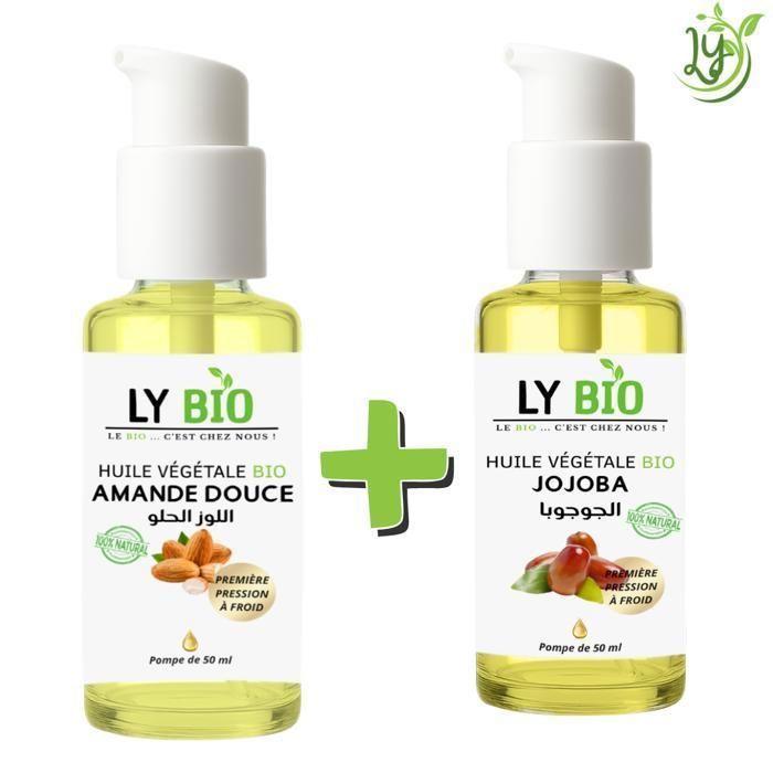 LYBIO PACK HUILE AMANDE DOUCE 50ml - POMPE + HUILE JOJOBA 50ML - POMPE