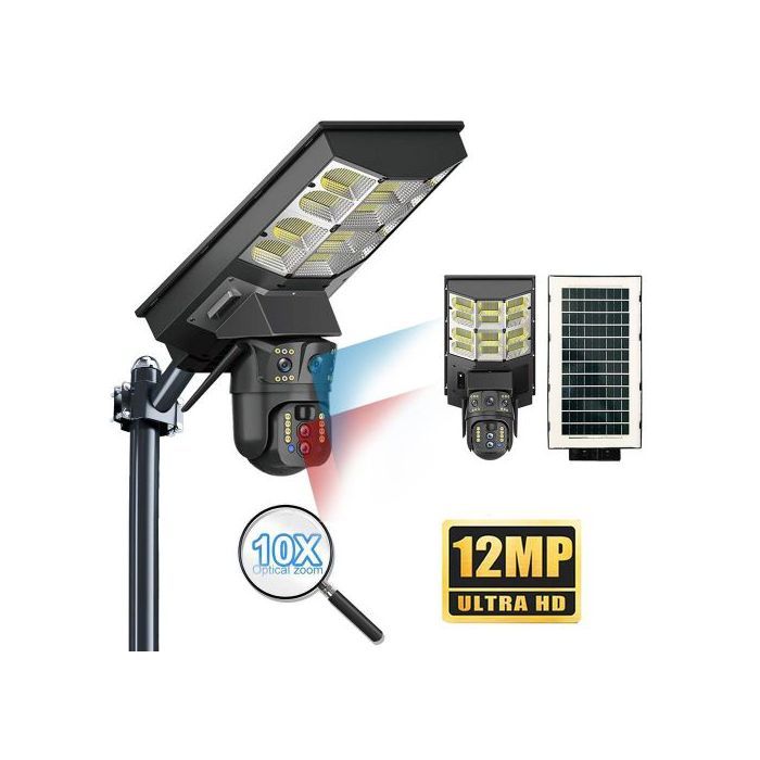 Caméra de sécurité solaire à triple objectif 12 MP avec projecteur 900 W