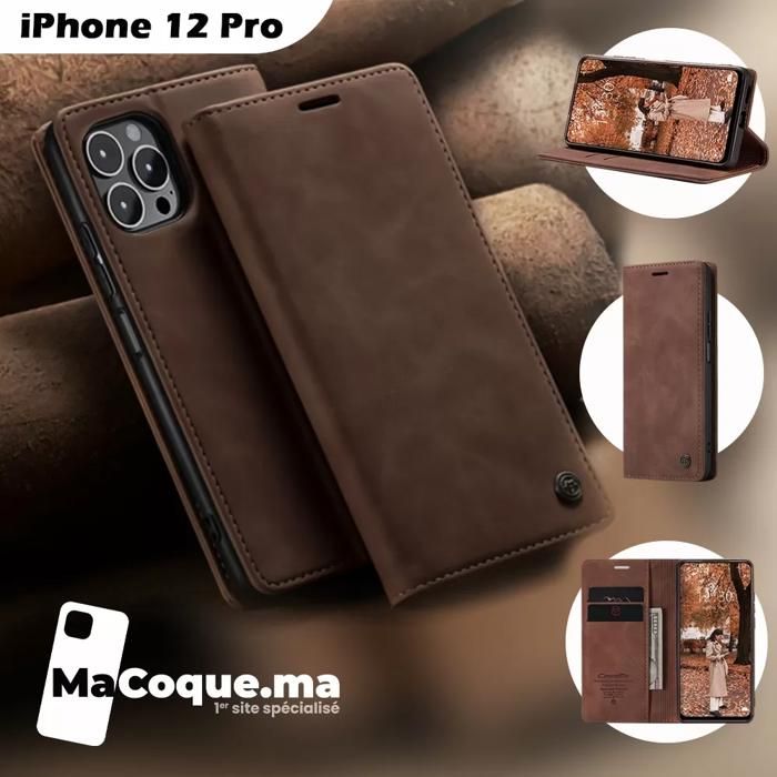 Pochette iPhone 12 Pro Coque et Portefeuille en Cuir Marron Foncé Porte-Carte