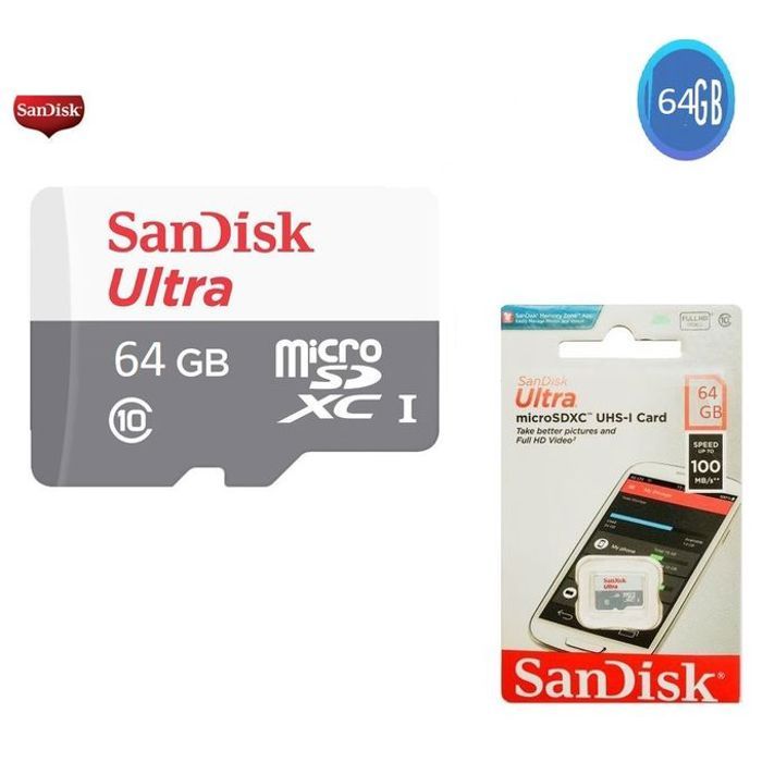 Sandisk Carte Memoire 64GB microSDXC classe10 Full hd Vitesses jusqu'à 100 Mb/s