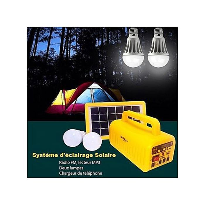 Chargeur Solaire - Système d'Éclairage - 3W - 2 Ampoules LED - Batterie 4500mAh - Radio FM