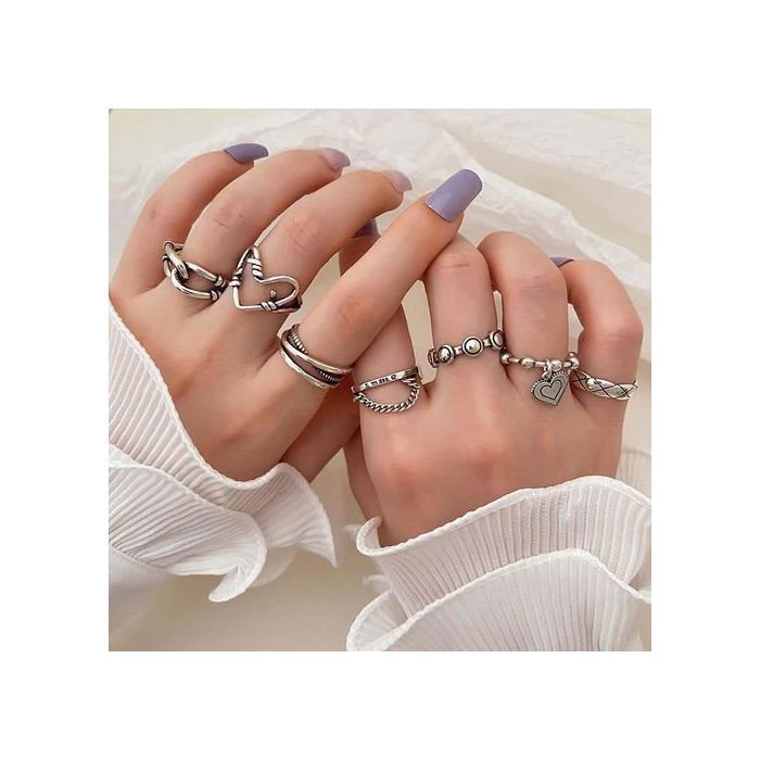 7 Pièces Bagues Punk Pour Femme, Couleur Argent, Ensemble d'Anneaux