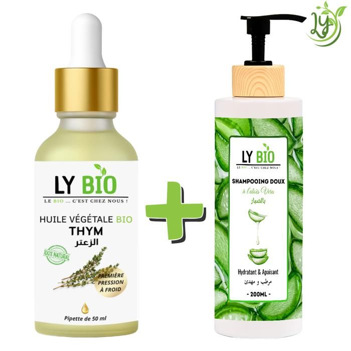 Pack de soins capillaires - LYBIO - Huile de thym 50ml - Shampooing aloe vera 200ml - Hydratant - Apaisant