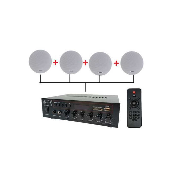 Master Kit complet Amplificateur (Bluetooth, USB, Carte SD, AUX) avec 4 haut-parleur de plafond (6W/100V)