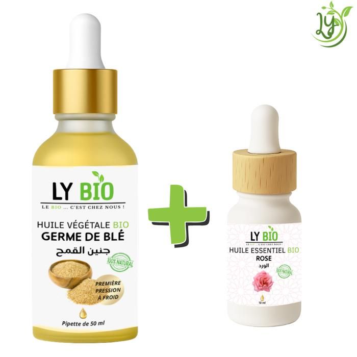Pack d'huiles - LYBIO - Huile germe de blé 50ml - Huile essentielle rose 10ml - Nourrissant - Mixte