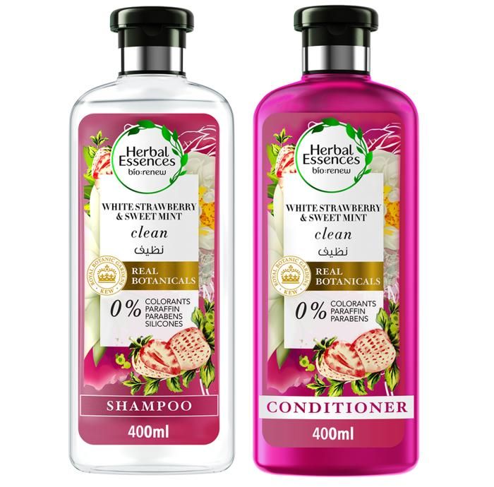 Pack Promo Herbal Essences Fraise Blanche et Menthe Douce Shampoing - 400ml + Après-Shampoing - 400ml