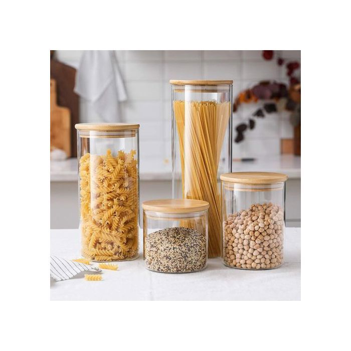 Luminarc Boîtes de cuisine en verre avec couvercle hermétique en bambou, bocaux 4 pcs