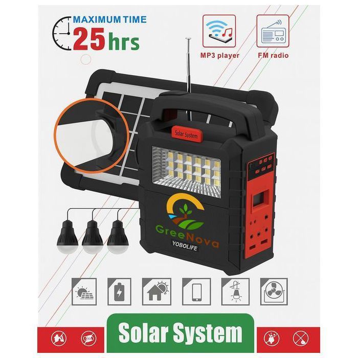 Kit Solaire Multifonction avec projecteur – 3 Lampes LED + Radio + MP3 + Recharge Téléphone – Jusqu’à 25h d’autonomie