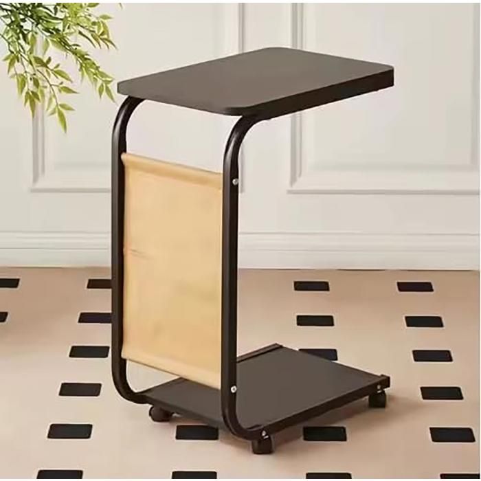 Table d'appoint élégante en forme de C avec roulettes, Design Contemporain avec Plateau en Bois et Cadre Métallique
