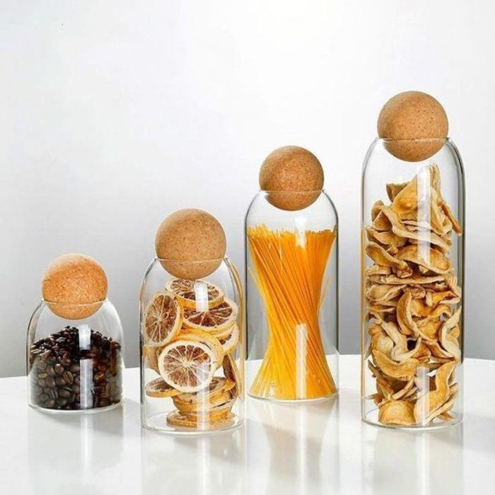 4 pcs Distributeurs De Nourriture, Récipients De Stockage De Nourriture En Verre Avec Couvercles En Liège Scellés