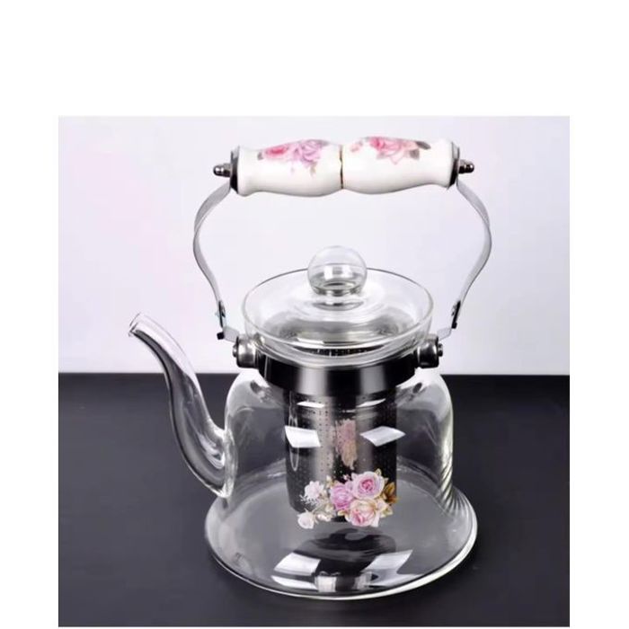 Théière en verre avec poignée en porcelaine, Filtre résistant à la chaleur - 900 ml