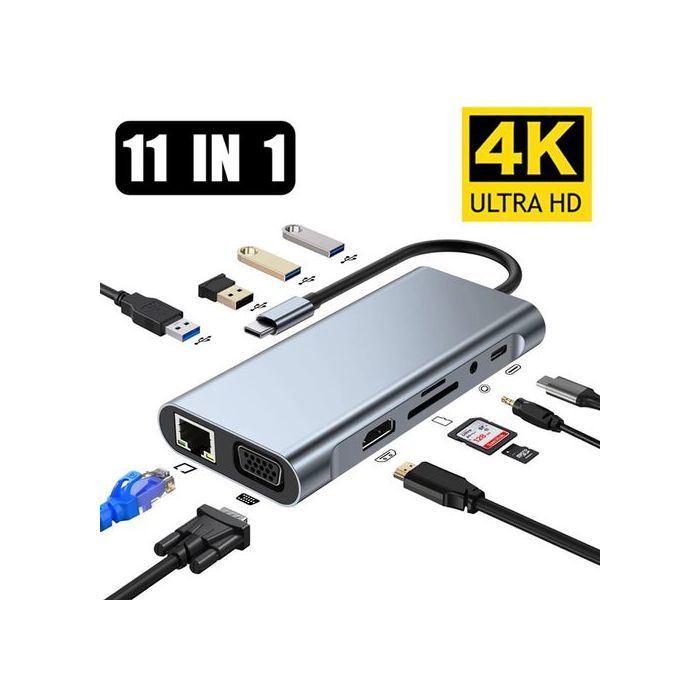 Station d'accueil 11 en 1 - Aluminium - Type-C 3.1 - HDMI 4K - USB 3.0 - RJ45 Ethernet