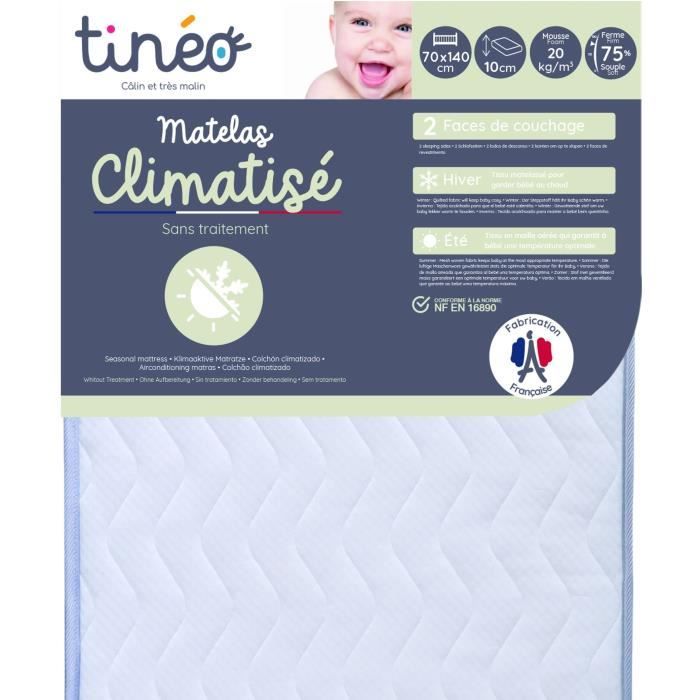 Matelas Climatisé TINEO 70x140x10cm - Climatisé - 1 Face Été - 1 Face Hiver - Sans Traitement - Fabriqué En France