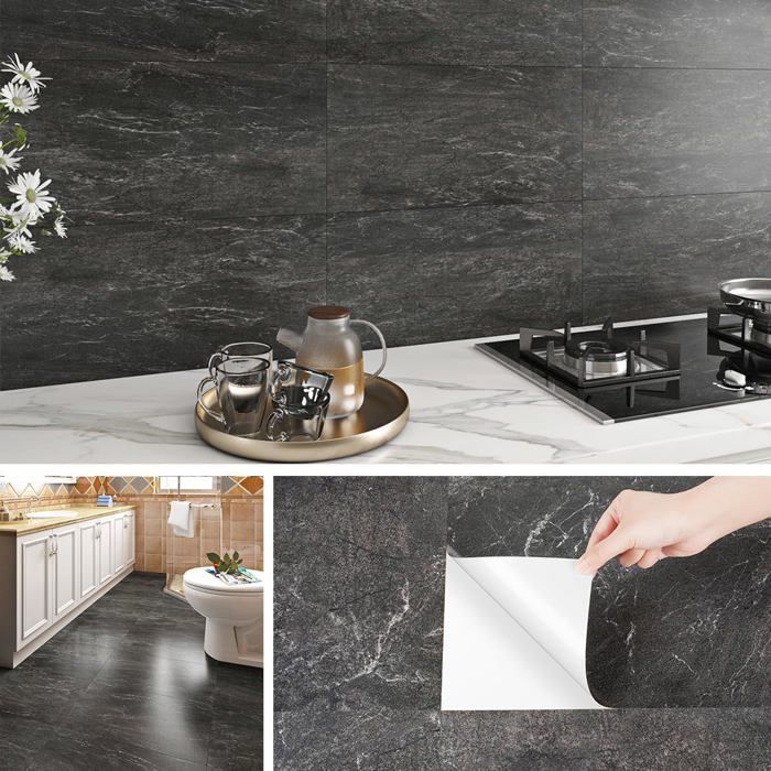 Dalles de Sol & Mur Effet Marbre 3D Imperméable 30*30cm - Noir - 4 pièces