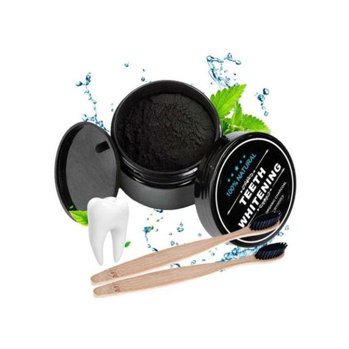 Blanchiment des dents charbon actif Poudre avec 2 brosses en bambou, 30gr