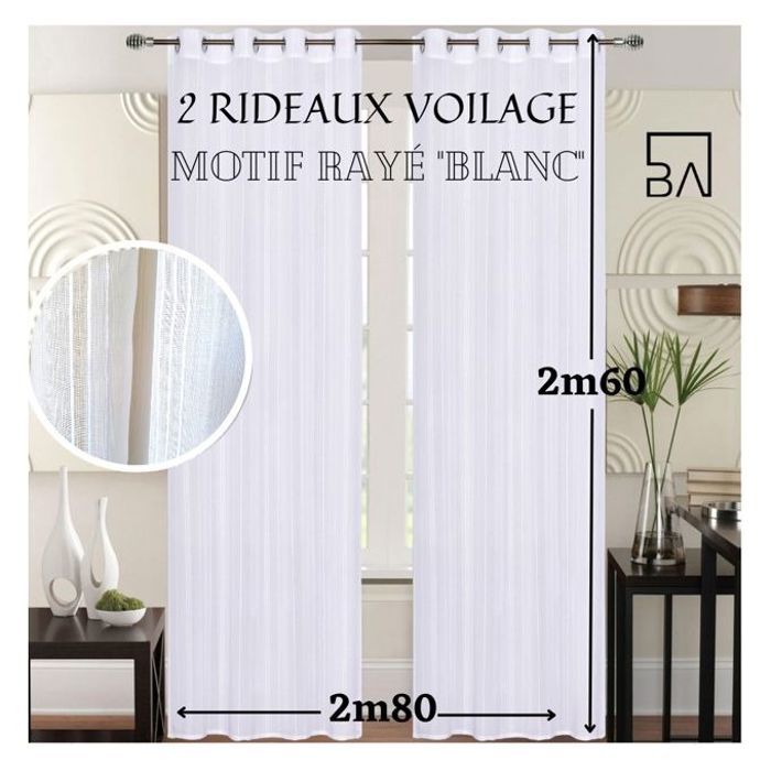 Rideaux Voilage Motifs Linéaires Blanc - 2 Panneaux 140x260cm - Raffinés