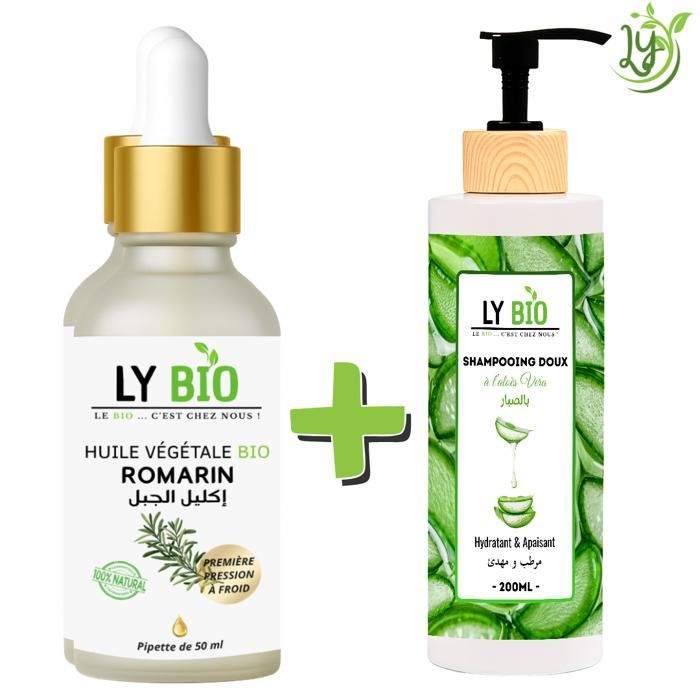 LYBIO PACK HUILE ROMARIN 50ml - PIPETTE + SHAMPOOING ALOE VERA 200ML - HYDRATANT & APAISANT