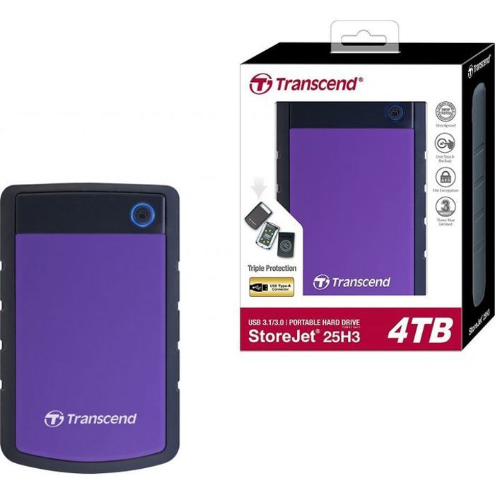 Transcend Disque dur externe 4 To/TB StoreJet 25H3P USB3.1 -2.5" Anti-choc (Violet) TS4TSJ25H3P