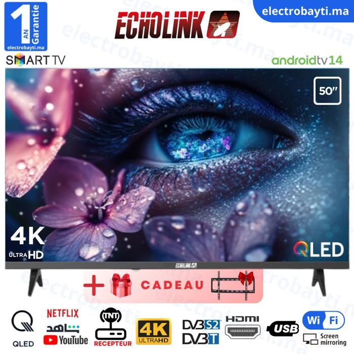 Echolink - 50 Pouces - QLED 4K UHD - SMART TV Android 14 - Wi-Fi, Bluetooth, DVB-T2/S2 + Support