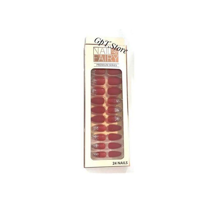 Nail Fairy-Premium Series-24 Faux Ongles Autocollants double-face-Couleur Bordeau