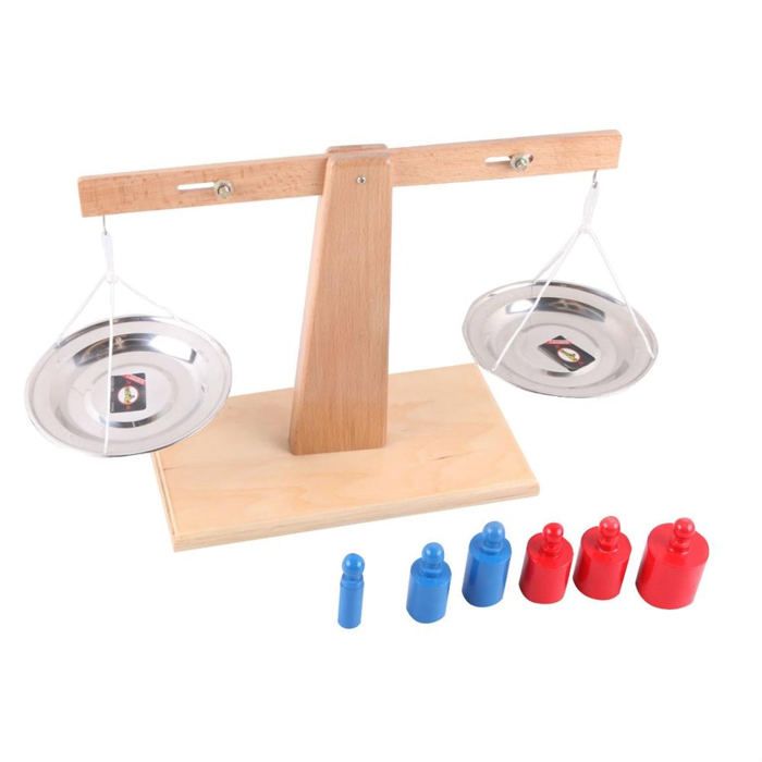 Jouet éducatif - EVEIL MONTESSORI - Balance en bois - 6 poids en bois - 2 bols en inox - 3-12 ans